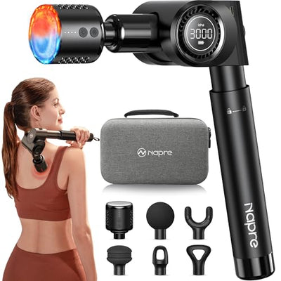 Massage Gun with Heat and Cold Head,Deep Tissue Percussion Back Massager for Muscle/Neck/Body Pain Relief with Long Extension Retractable Handle,32-Speeds,Foldable with 5 Adjustable Angles