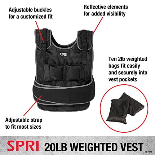 SPRI 20 lb Weighted Vest for Women & Men - Adjustable Weight Vest for Running, Strength Training, Endurance, and Fitness - Ten 2lb Weight Bags for Customized Workout - Comfort Fit and Durable Closure