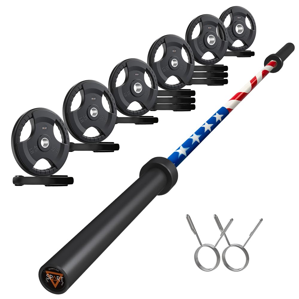 7FT Olympic Barbell Bar with Weight Plate Set Combo, Solid Olympic Bar with Bearings, 700Lbs Capacity Weight Bar for Home Gym Strength Training, Weightlifting, Powerlifting, Fit for 2" Olympic Plates