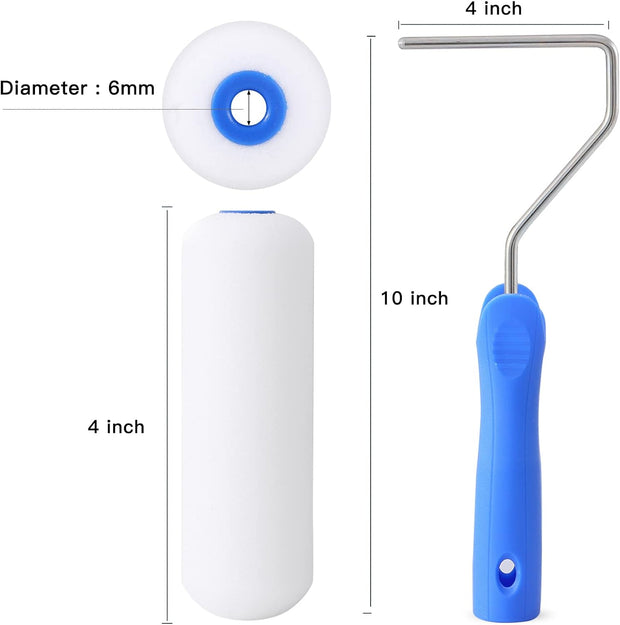 Mister Rui Foam Paint Roller, 8 Pack 4 Inch Paint Roller Kit, Complete 4" Mini Paint Roller Kit with Small Foam Paint Roller Covers, Frame, Tray and Liner for Professional Painting Results