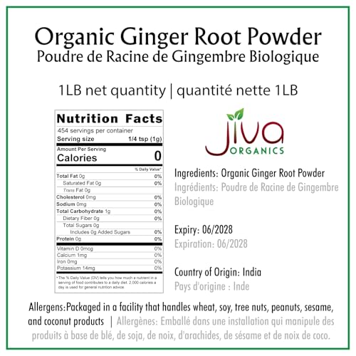 Jiva Organics Organic Ginger Root Powder 1 LB Jar - Gluten Free, Non-GMO - for Cooking, Baking, Tea & More - Bulk Ginger Ground Dry