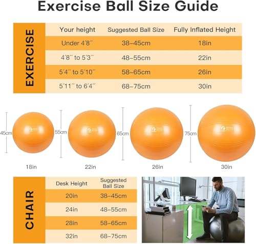 Yoga Ball, 18-30 Inch Extra Thick Exercise Ball for Workout Fitness Balance, Anti Burst Chair for Home and Office Desk, Includes Hand Pump & Workout Guide Access
