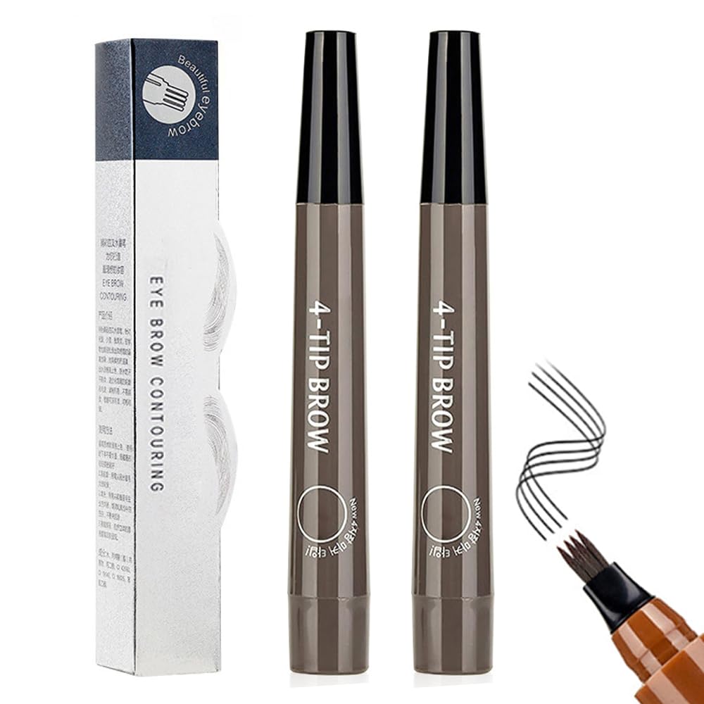 2 Pcs Microblading Eyebrow Contouring Pen, 3D Waterproof Magic Eyebrow Pencil, 4-Tip Microblade Brow Pen Magic Eyebrow Penci Fine-Stroke Long Lasting and Smudge-Proof (Brown)