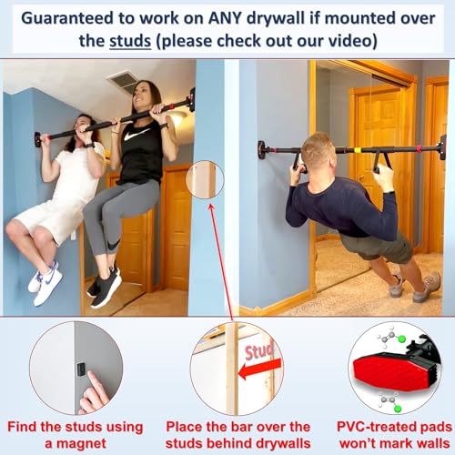 Pull Up Bar for Hallway or Doorway 6-piece Set with Two Attachable Resistance Bands/Handles, Training Manuals, No Screws Chin Up Bar, Max 680lbs, Width options: 27-37", 37-47"; 46-53"