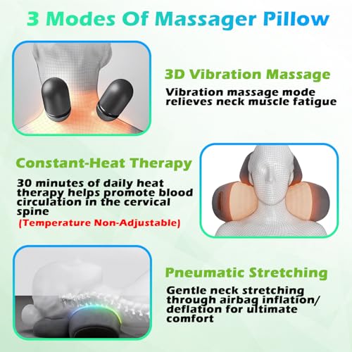 Non-Rechargeable (Plug-in Model) 3-in-1 Neck Vibrating Massager Pillow with Heat & Traction, Cervical Pillow Traction Massager for Neck Hump,Light Grey
