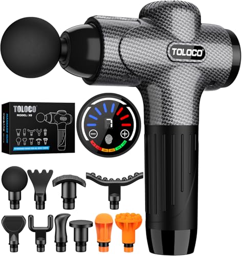 TOLOCO Massage Gun, Upgrade Deep Tissue Back Massager with 10 Replacement Heads, Percussion Massage Guns for Athletes for Pain Relief, Super Quiet Electric Massager for Treatment, Relax, Carbon