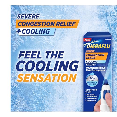 Theraflu Severe Congestion Relief Nasal Mist + Cooling, Oxymetazoline HCI 0.05% Nasal Decongestant, 12 Hour Relief, Ultra-Fine Mist, 0.34 fl oz