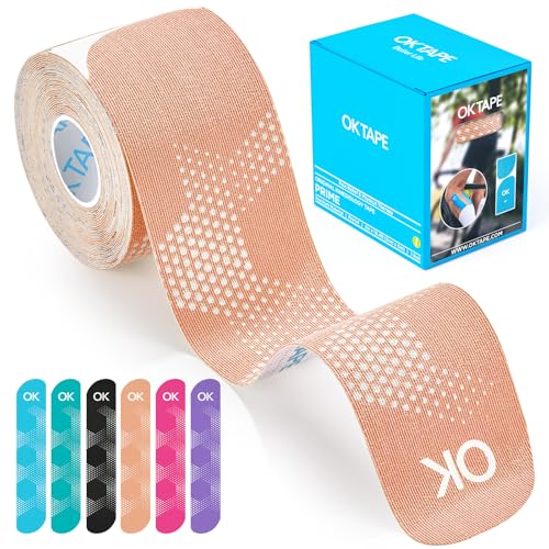 OK TAPE Synthetic Kinesiology Tape, 20 Strips Precut K Tape, Waterproof, Elastic Athletic Tape for Pain Relief & Muscle Support, Reflective Design, 2" x 10" -Beige