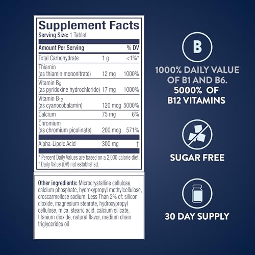 Nervive Nerve Health Glucose Support Tablets, Alpha Lipoic Acid, Chromium Picolinate, Vitamin B12, B6, B1, 30 Tablets