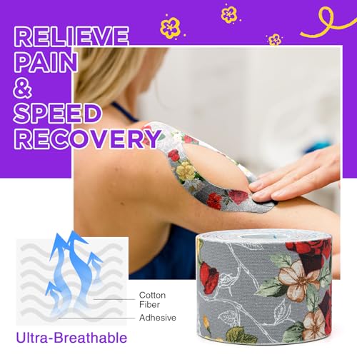 OK TAPE Patterned Kinesiology Tape, Elastic Physical Therapy Athletic Tape for Pain Relief & Muscle Support, Uncut Kinetic Tape, 2in x 16.4ft- 2 Rolls (Rose)