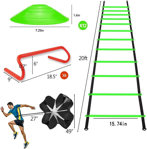 Speed & Agility Ladder Training Equipment Set, Includes 12 Rung 20ft Agility Ladder, 4 Agility Hurdles,12 Disc Cones, 1 Resistance Parachute for Training Football Soccer Basketball Athletes