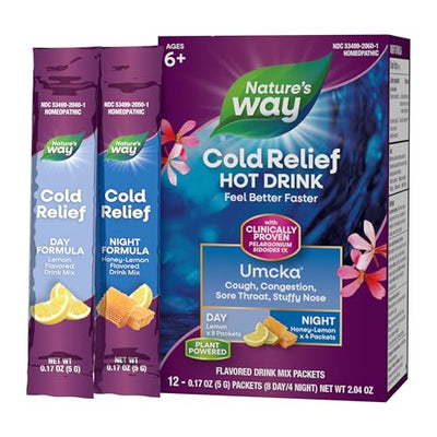Nature's Way Cold Relief Hot Drink, Umcka, Homeopathic, Clinically Proven Pelargonium Sidoides 1X, for Cough, Congestion, Sore Throat, Stuffy Nose, Day & Night Formula, 12 Packets (Packaging May Vary)