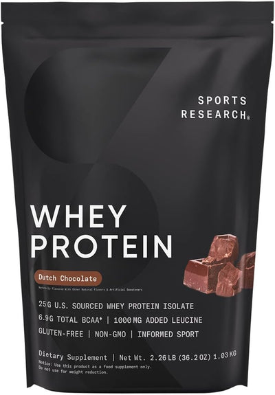 Sports Research Whey Protein Isolate - Sports Nutrition Protein Powder 25g per Scoop - 2lb Bag Whey Protein - Dutch Chocolate Bulk Protein Powder, 25 Servings