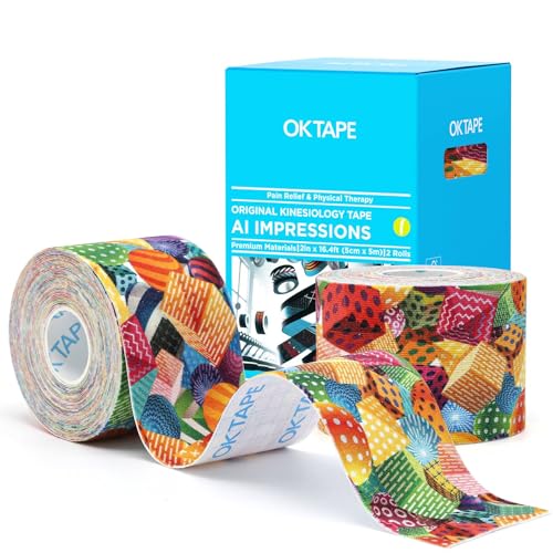 OK TAPE Patterned Kinesiology Tape, Elastic Physical Therapy Athletic Tape for Pain Relief & Muscle Support, Uncut Kinetic Tape, 2in x 16.4ft- 2 Rolls (Geometric)