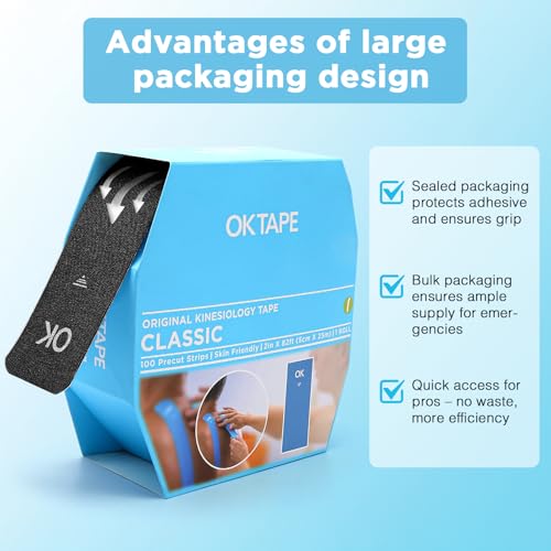 OK TAPE Kinesiology Tape Pre Cut Strips Bulk (150 PCS),Elastic Cotton Latex Free Hypoallergenic Athletic Tape Roll for Muscle Joint Knee,Waterproof k Tape 2in×10in/PCS