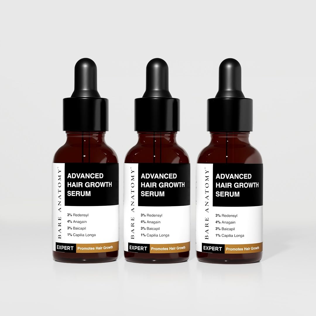 Bare Anatomy Advanced Hair Growth Serum| 3% Redensyl - 2x Better Results than Minoxidil | + 4% Anagain + 3% Baicapil | Rosemary, Biotin | Hair growth & Hair fall control serum for Women & Men | 30mL