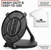 Uno Casa Cast Iron Tortilla Press 8 Inch - Tortilla Maker Press, Pre-Seasoned Roti Maker with 100 Pcs Parchment Paper - Heavy Duty Quesadilla Maker for Homemade Flatbreads, Rotis, Empanadas