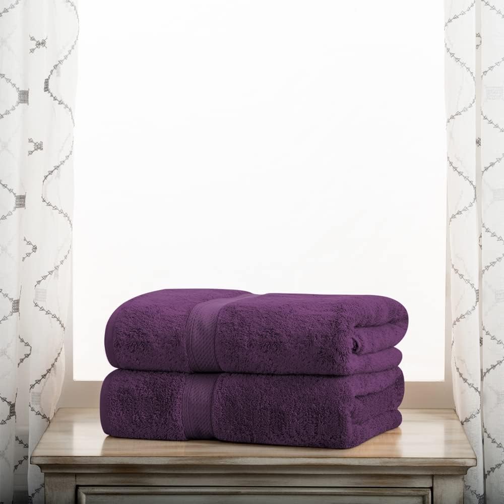 Superior Egyptian Cotton Pile Bath Towel Set of 2, Ultra Soft Luxury Towels, Thick Plush Essentials, Absorbent Heavyweight, Guest Bath, Hotel, Spa, Home Bathroom, Shower Basics, Plum