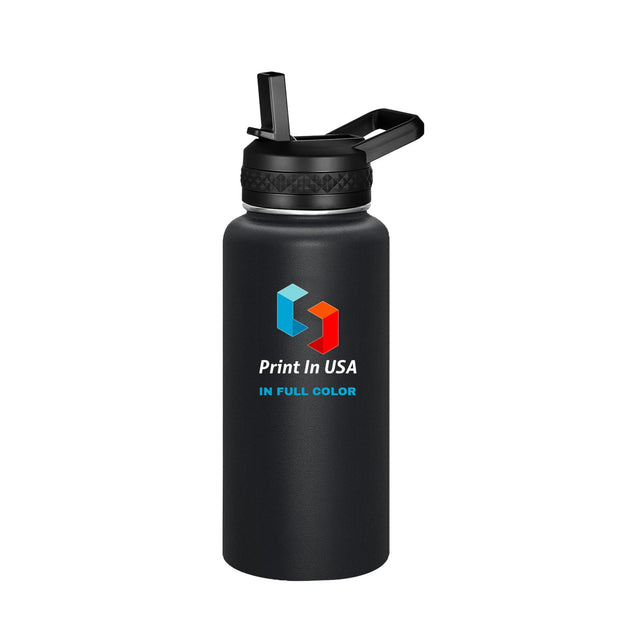 Personalized Custom Print in USA Water Bottle 32oz Stainless Steel Double Wall Coffee Cup with Lid & Straw Insulated Tumbler with Colorful Text Logo Photo