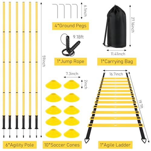 Soccer Agility Training Equipment: 6 Soccer Agility Poles, 20ft Agility Ladder, 10 Soccer Cones, 1 Jump Rope. Soccer Training Poles for Speed Training, Agility Training