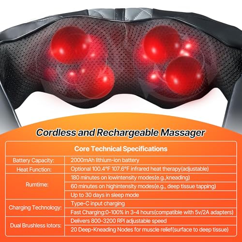Neck Shoulder Massager with Heat - Cordless Back and Neck Massage Pain Relief Deep 5D Tissue Shiatsu Kneading Massager for Shoulder Back Leg Gifts for Mom Dad Men Women Her Him