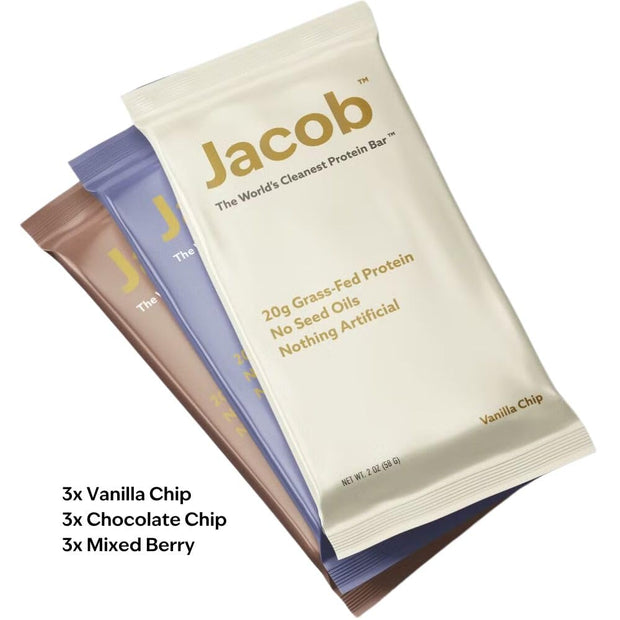 Jacob Bar, Protein Bars, Variety Pack (9 Bars Total) Contains 3 of Each; Chocolate, Vanilla, Berry - 20g Grass-Fed Protein, No Seed Oils, Nothing Artificial