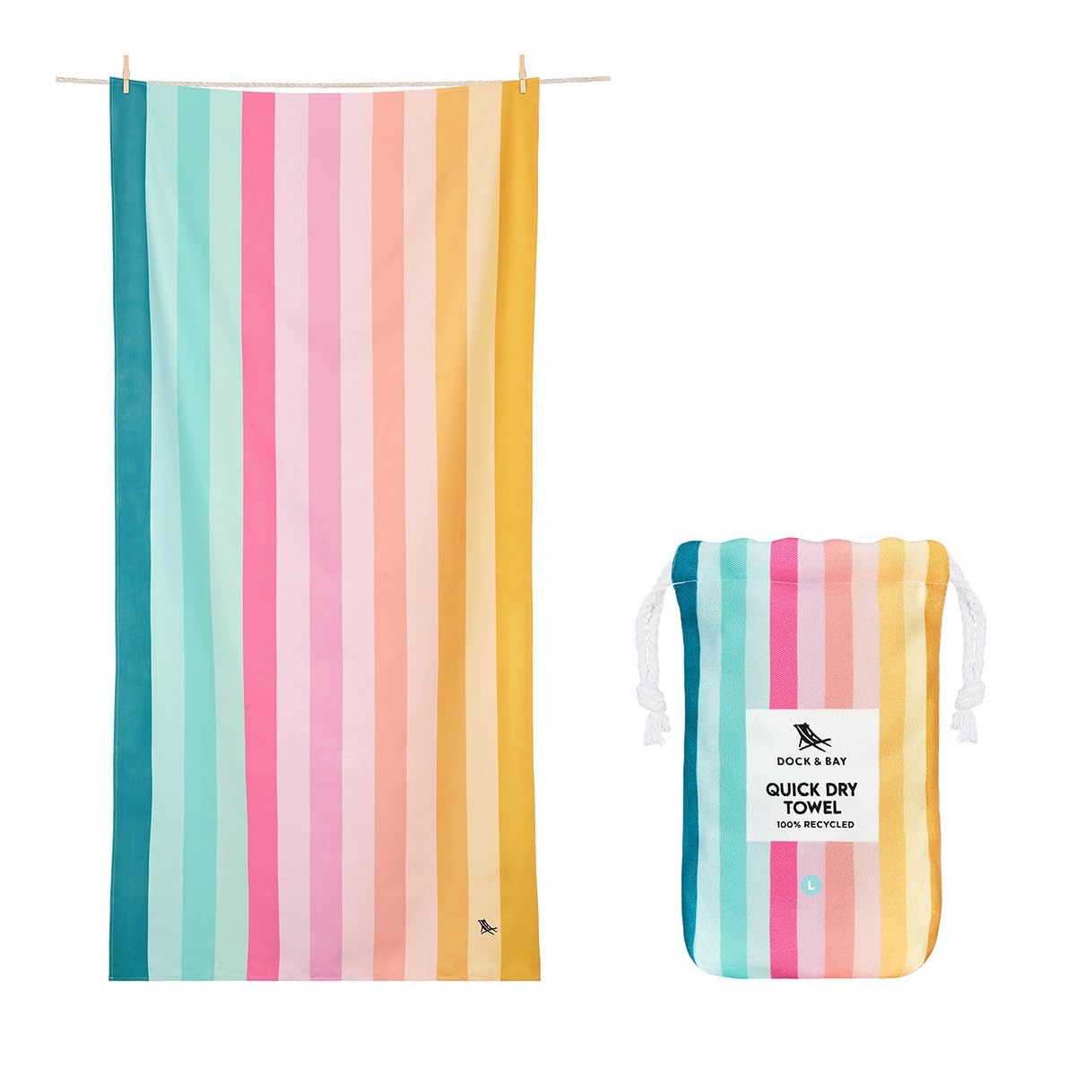 Dock & Bay Beach Towel - Quick Dry, Sand Free - Compact, Lightweight - 100% Recycled - Includes Bag - Cabana - Bondi Blue - Large (160x90cm, 63x35)