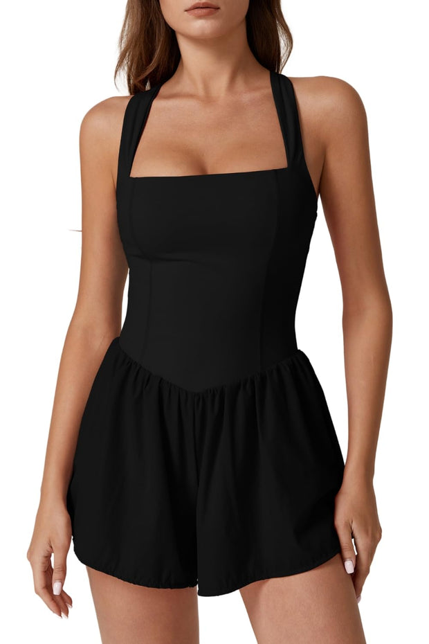 QINSEN Women's Square Neck Sleeveless Romper Jumpsuit Casual Summer One Piece Outfit with Pocket