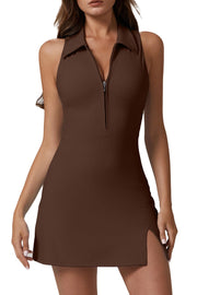 QINSEN Womens Zip Front Tennis Dress Polo Collar Racer Back Workout Golf Dresses Build in Shorts with Pockets