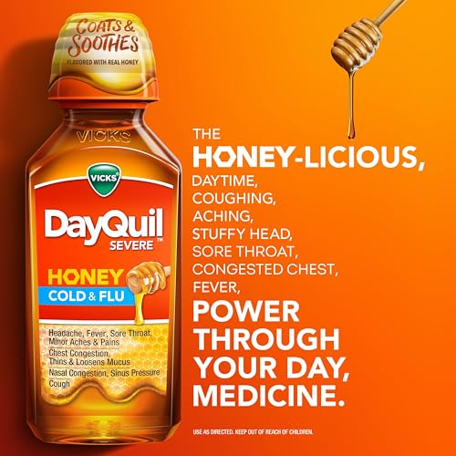VICKS DayQuil & NyQuil SEVERE Honey Flavor Co-Pack, Cold & Flu Medicine, Relieves Headache, Fever, Sore Throat, Minor Aches & Pains, Nasal Congestion, Sinus Pressure, Stuffy Nose, and Cough, 2x12oz