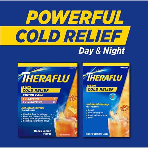 Theraflu Severe Cold Relief Hot Liquid Powder Combo: 12ct Daytime/Nighttime Honey Lemon Flavor + 6ct Daytime Honey Ginger Flavor