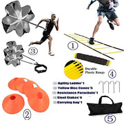 Speed Agility Training Kit-12 Rung 20Ft Agility Ladder, 5 Round Training Cones,Resistance Parachute, 4 metal Stakes & Carrying bag, football ladders for Faster Footwork and Better Movement Skills