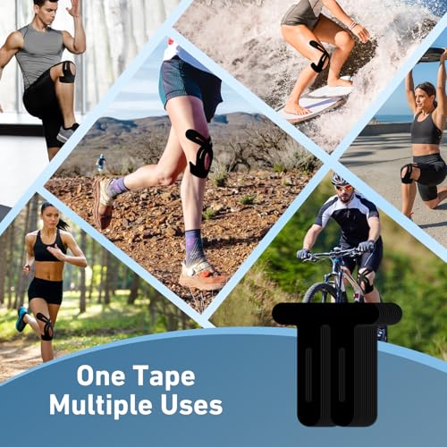 PreCut Kinesiology Tape for Knees, 12 PCS Waterproof KTQUICK Knee Tape for Knee Pain Relief Pre Cut, Original Cotton Athletic Knee Tape, Waterproof & Hypoallergenic Latex-Free for Sports (Black)