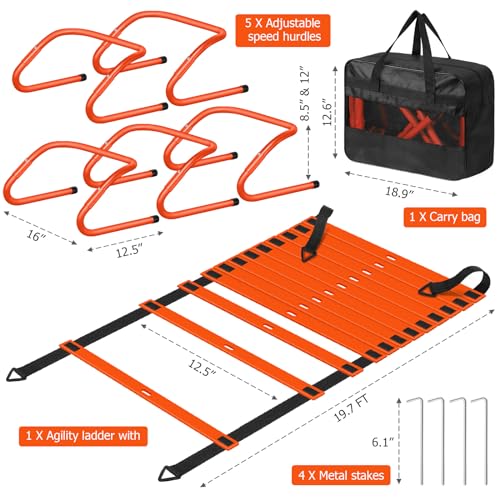Speed and Agility Training Equipment: 5 Adjustable Agility Hurdles. 20ft Agility Ladder, Soccer Training Equipment Set for Kids Youth Adults
