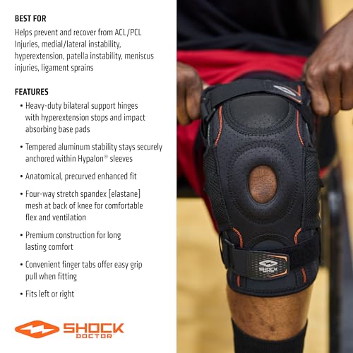 Shock Doctor Knee Brace, Compression Knee Brace for Men & Women, Hinged Knee Brace with Side Stabilizers, Maximum Support, Adjustable Dual Hinges, Knee Braces and Knee Support