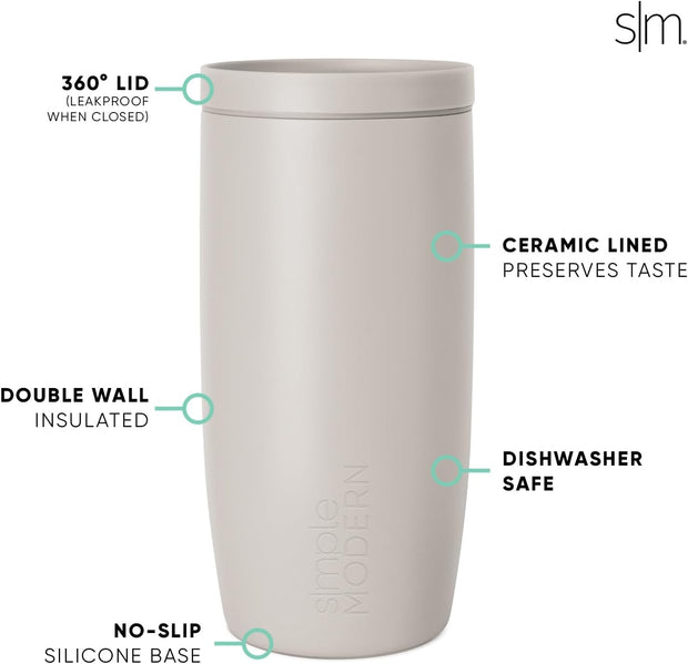 Simple Modern Travel Coffee Mug Tumbler with 360° Lid | Ceramic-Lined Insulated Stainless Steel Cold Brew Iced Coffee Cup Thermos | Gift for Women Men Her Him | Voyager Signature | 16oz | Almond Birch