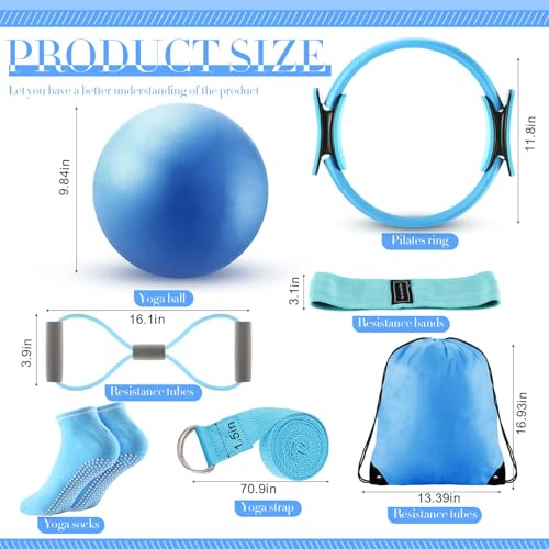 Poen Home Pilates Kit for Women Pilates Equipment Ring and Ball Set with Stretching Strap 8 Resistance Bands Non Slip Socks Gym Back Bags Exercise Equipment for Workout