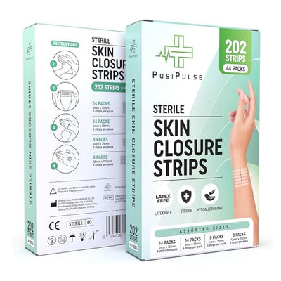 Sterile Skin Wound Closure Strips 202ct in 44pks - Improved Healing, Reinforced Design, Latex Free, Adhesive Backed, Optimal for Lacerations, Incisions, Sutures, 3x75,6x38,6x75,12x100mm