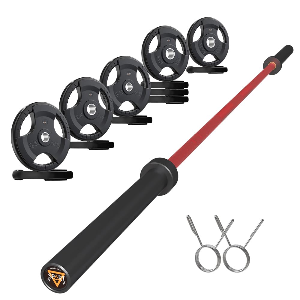 7FT Olympic Barbell Bar with Weight Plate Set Combo, Solid Olympic Bar with Bearings, 700Lbs Capacity Weight Bar for Home Gym Strength Training, Weightlifting, Powerlifting, Fit for 2" Olympic Plates