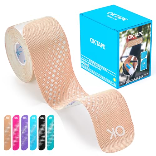 OK TAPE Synthetic Kinesiology Tape Precut Strips, Waterproof Kinesiology Athletic Tape for Joint & Muscle Support, Reflective and Durable Tape, 2in×16.4ft Roll 20PCS | Beige