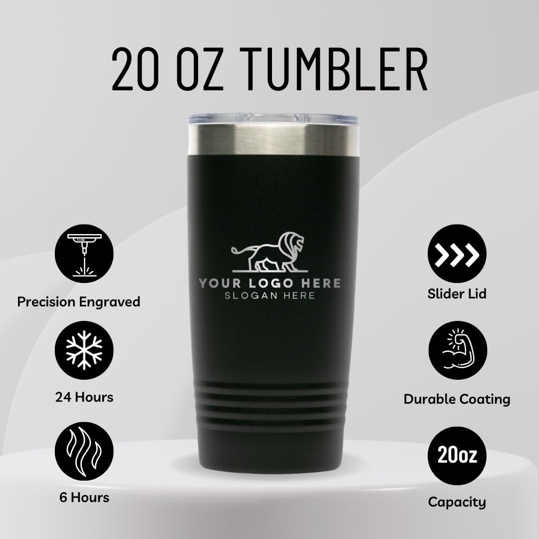 20oz Stainless Steel Tumbler - Upload Your Logo, Custom Engraved, Double Wall Vacuum Insulated Travel Mug, Ideal for Corporate Gifts, Events, and Sports Teams
