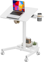 Mobile Standing Desk with Storage Base, 60° Tiltable Rolling Laptop Desk, Height Adjustable Portable Table with 4 Lockable Wheels for Home Office, White