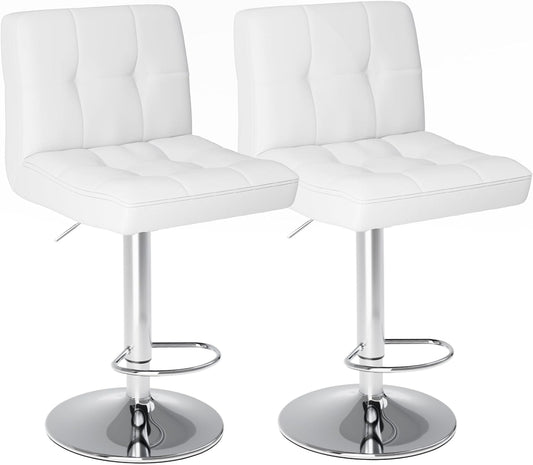 Bar Stools Set of 2, Armless Hydraulic Kitchen Height Counter Bar Stools, PU Leather Adjustable Swivel Barstools, Thickened Square Seat Cushion Barstool with Back, White