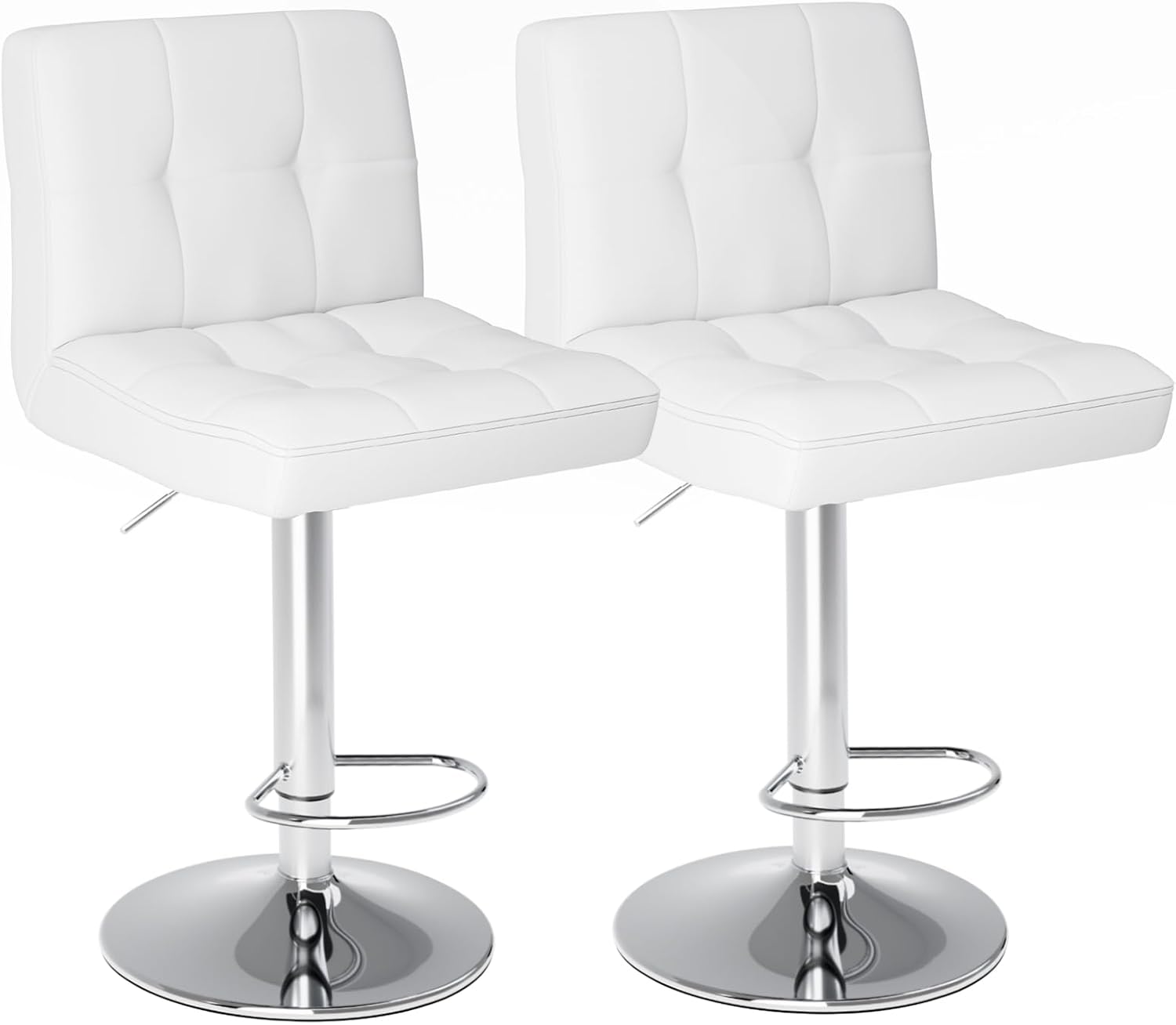 Bar Stools Set of 2, Armless Hydraulic Kitchen Height Counter Bar Stools, PU Leather Adjustable Swivel Barstools, Thickened Square Seat Cushion Barstool with Back, White
