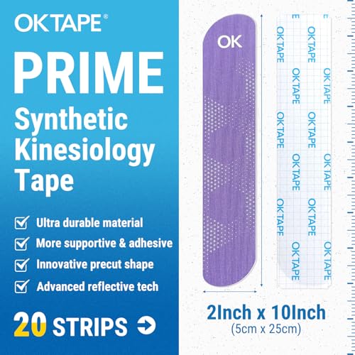 OK TAPE Synthetic Kinesiology Tape, 20 Strips Precut K Tape, Waterproof, Elastic Athletic Tape for Pain Relief & Muscle Support, Reflective Design, 2" x 10" -Purple