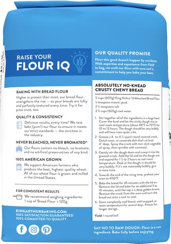 King Arthur Unbleached Bread Flour: Premium High-Protein 12.7% for Perfect Breads, Rolls & Pizza Dough - Non-GMO, Kosher Certified, No Preservatives - Ideal for Bread Machines & Artisan Baking - 5 lbs