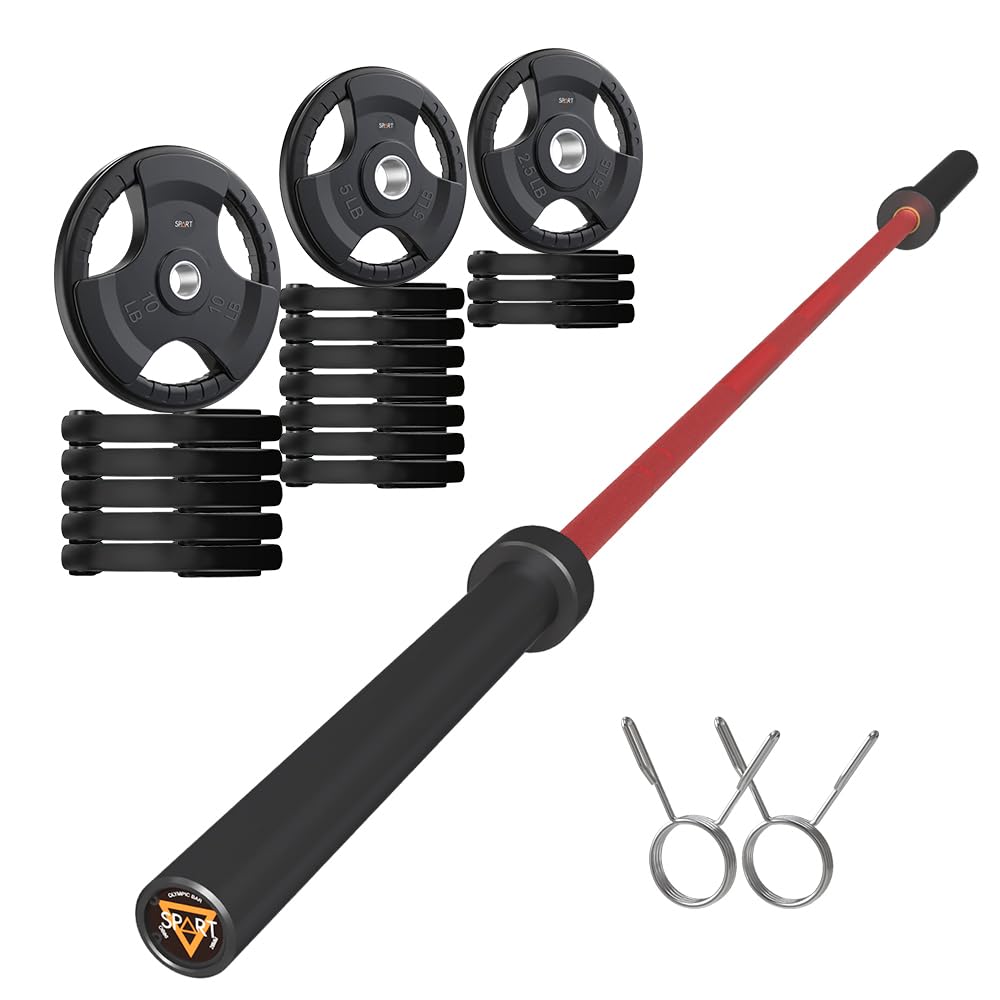 7FT Olympic Barbell Bar with Weight Plate Set Combo, Solid Olympic Bar with Bearings, 700Lbs Capacity Weight Bar for Home Gym Strength Training, Weightlifting, Powerlifting, Fit for 2" Olympic Plates