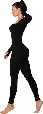 Sunzel Long Sleeve Bodysuits One Piece Jumpsuit for Women with Square Neck and Butt Scrunch Leggings Seamless Ribbed Rompers