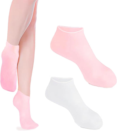 2 Pairs Silicone Socks for Women - Soft Gel Aloe Moisturizing Socks for Women's Spa Pedicure, Repairing Dry Feet, Cracked Heels and Softening Rough Skin - Pink & White