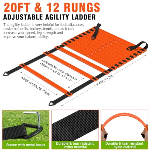 Speed and Agility Training Equipment: 5 Adjustable Agility Hurdles. 20ft Agility Ladder, Soccer Training Equipment Set for Kids Youth Adults